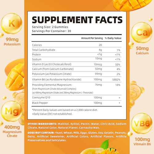 softbear Potassium Magnesium Gummies for Women, Calcium Magnesium Potassium Supplements with Vitamins Sugar-Free Potassium Citrate Gummies Support Muscle Health, Mango Flavor 120 Count
