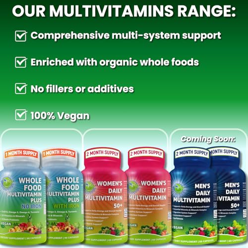 Vegan Whole Food Multivitamin with Iron, Daily Multivitamin for Women and Men, Made with Fruits & Vegetables, B-Complex, Probiotics, Enzymes, CoQ10, Omegas, Turmeric, Non-GMO, 90 Count