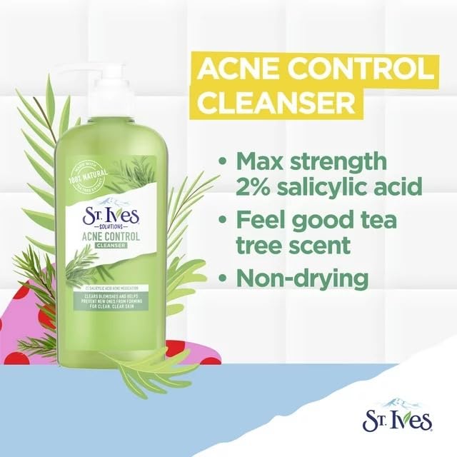 St. Ives Acne Control Face Cleanser Skin Care with 2% Salicylic Acid, and 100% Natural Tea Tree Extract 8 oz (Pack of 3)