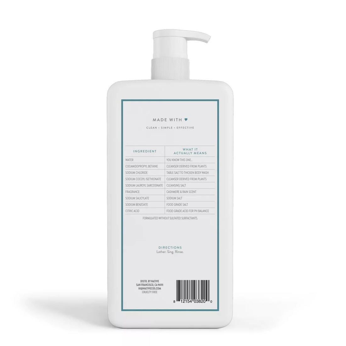 Native Cashmere and Rain Body Wash, 36 Fl Oz (1.06 L), Clean Ingredients, White