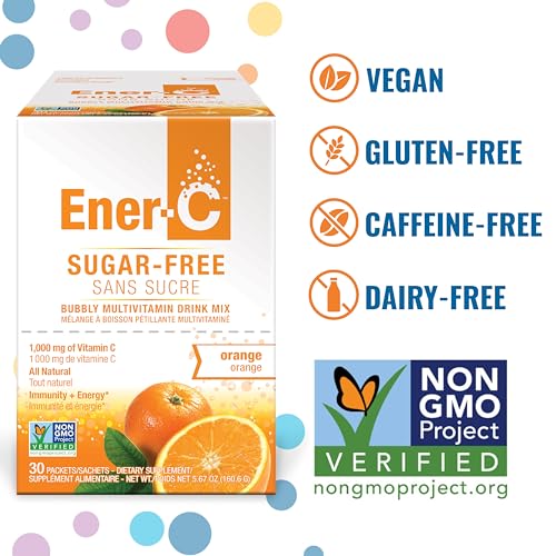 Ener-C Sugar Free Energy Orange Multivitamin Drink Mix Vitamin C 1000mg & Electrolytes - Natural Immunity Support with Real Fruit Juice Powders Non-GMO Vegan & Gluten Free - 30 Count