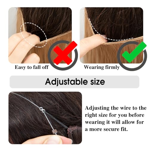 SARLA Invisible Wire Hair Extensions with 3 Clips Short Synthetic Wavy Curly Hairpiece Adjustable Transparent Headband for Women 14 Inch Pale Ash Blonde