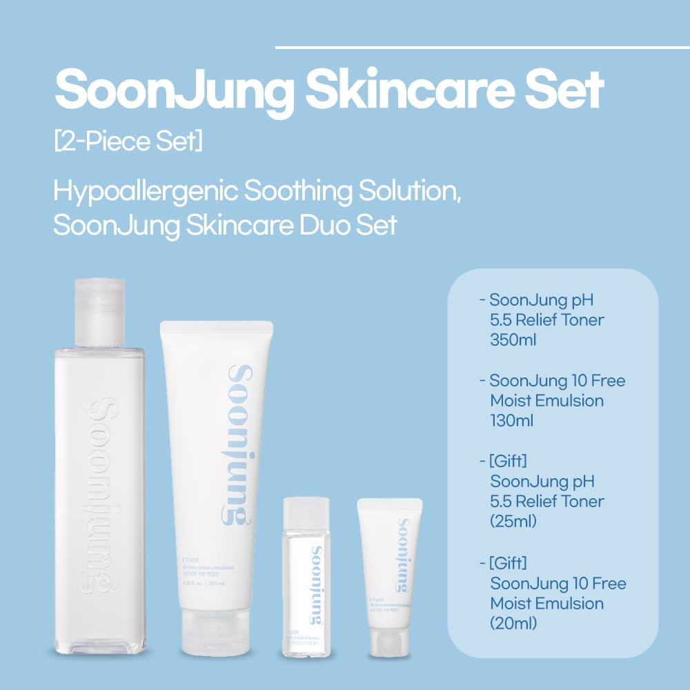 Etude Soonjung Skincare 2 Set ph 5.5 Relief Toner / 10-Free Moist Emulsion with Gift | Hypoallergenic Skin Soothing and Moisturizing Skincare for Sensitive Skin | Korean Skin Care, Perfect for Gift