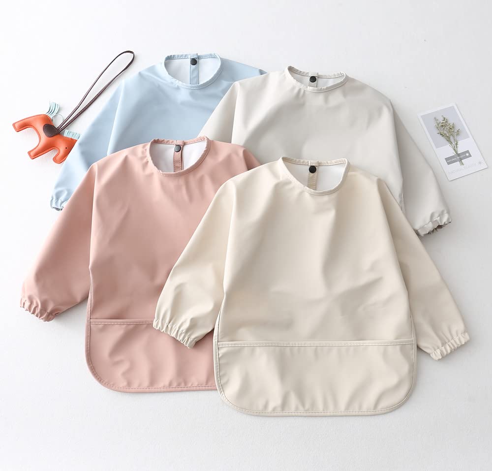 GZMM Waterproof Baby Bibs,Infant Toddler Long Sleeve Feeding Bib With Food Catcher,Wipe Clean & Washable