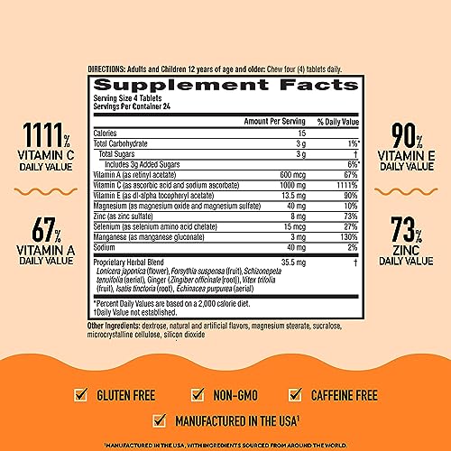 Airborne 1000mg Vitamin C Chewable Tablets with Zinc, Immune Support Supplement with Powerful Antioxidants Vitamins A C & E - 96 Chewable Tablets, Citrus Flavor