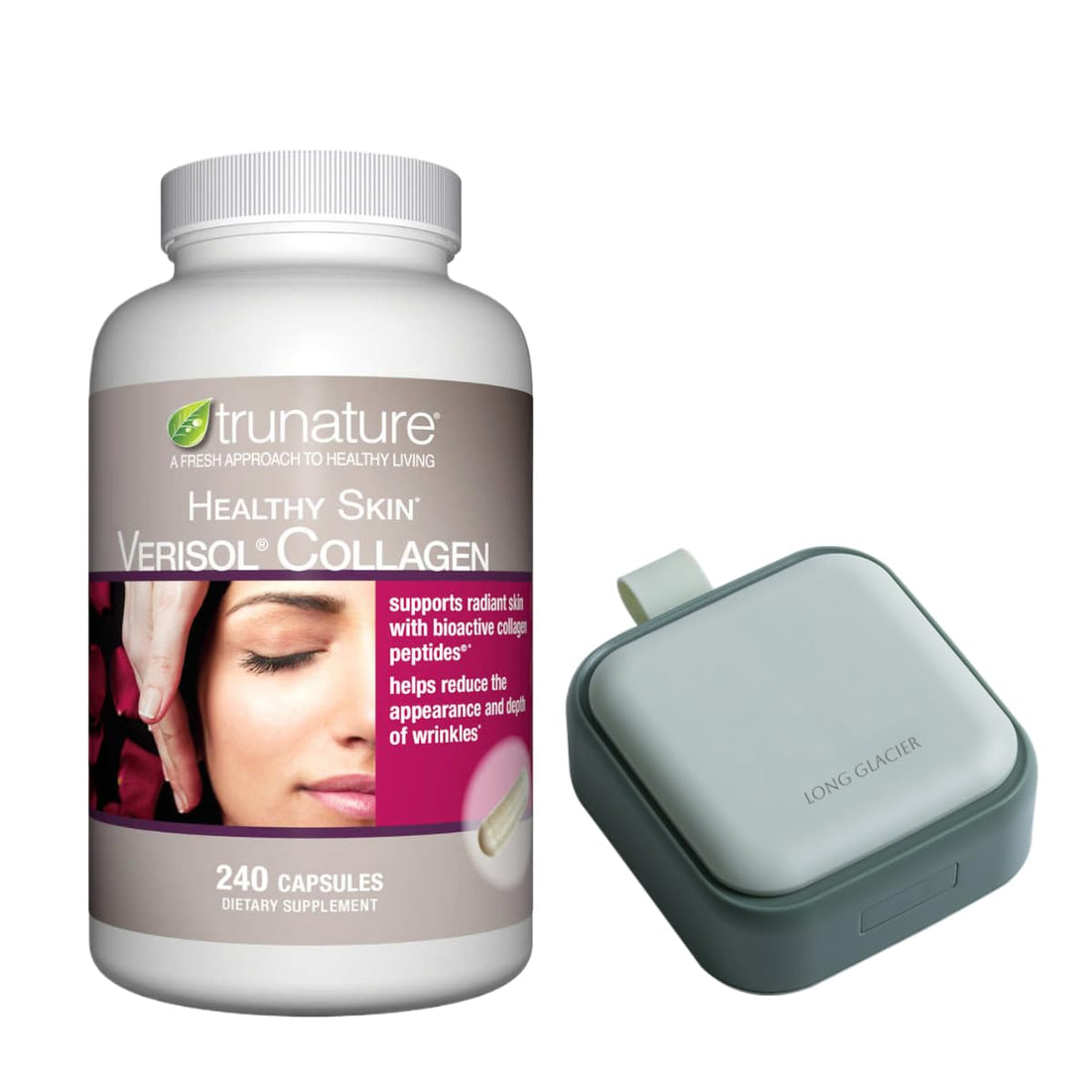 LONG GLACIER Trunature Healthy Skin Verisol Collagen, 240 Capsules Bundle Pill Oragnizer, Small Cute Pill Container for Medicine, Vitamins, Green