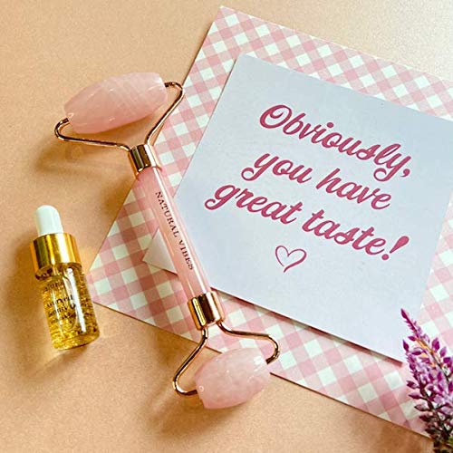 Natural Vibes Rose Quartz Face Yoga Roller with FREE Gold Beauty Elixir Oil |Removes Face Fat & Double Chin | Reduces Puffiness | Uplifts & Tightens Skin | Adds Glow and Brightness |100% Pure Stone