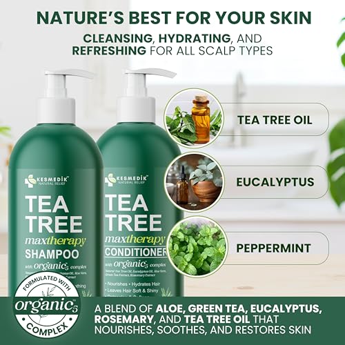 KESMEDIK Tea Tree Shampoo and Conditioner Set, Refreshes & Soothes Dry, Itchy Scalp, Deep Cleanses Dandruff & Buildup, Reduces Hair Loss, Tea Tree Oil Shampoo MaxTherapy, 16 fl oz Each