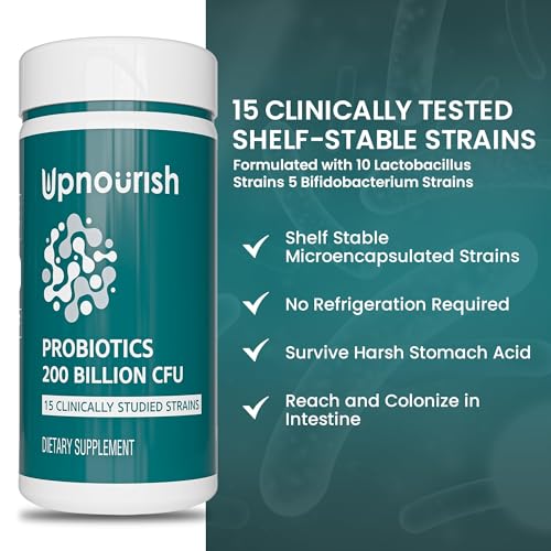 UpNourish Probiotics - 200 Billion CFUs, 15 Strains, Prebiotics & Enzymes - 60 Vegan Capsules