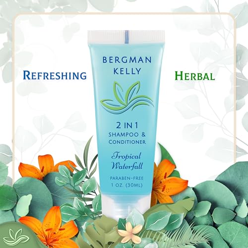 Bergman Kelly - Travel Size 2 in 1 Shampoo & Conditioner - 1 fl oz, 100 PK, Tropical Waterfall - Delight Your Guests w/Invigorating & Refreshing Shampoo Amenities - Small Hotel Toiletries in Bulk
