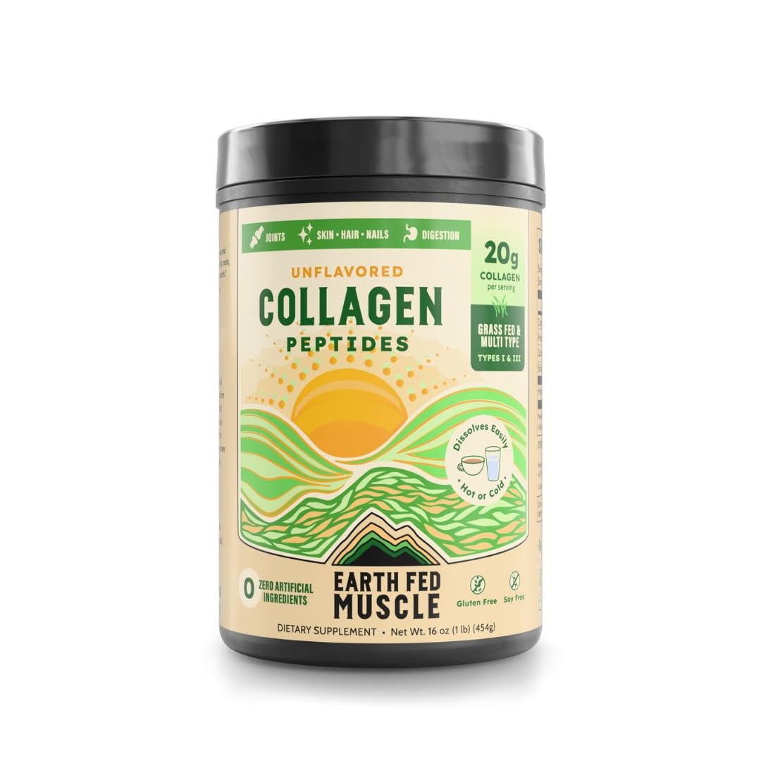 Earth Fed Muscle Unflavored Collagen Peptides Powder - 20g Protein Per Serving - Supports Hair, Skin, Nails, Joints & Recovery - Sugar-Free, Soy-Free, Gluten-Free, Paleo & Keto Friendly