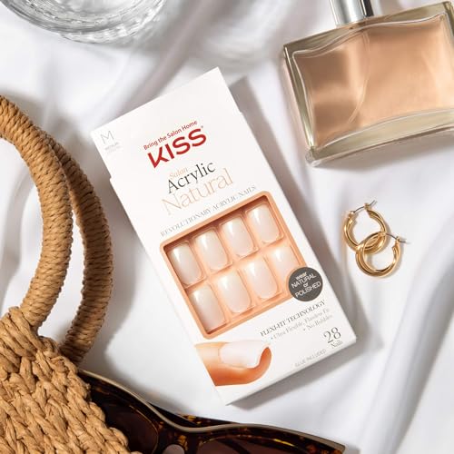 KISS Salon Acrylic, Press-On Nails, Nail glue included, 'Euphoria', French, Medium Size, Square Shape, Includes 28 Nails, 2g Glue, 1 Manicure Stick, 1 Mini File