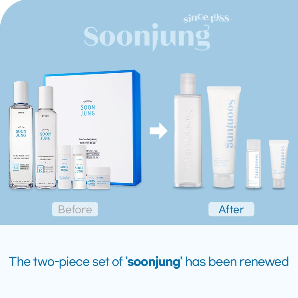 Etude Soonjung Skincare 2 Set ph 5.5 Relief Toner / 10-Free Moist Emulsion with Gift | Hypoallergenic Skin Soothing and Moisturizing Skincare for Sensitive Skin | Korean Skin Care, Perfect for Gift