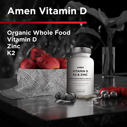 Amen Vitamin D, K2 & Zinc, Cholecalciferol D3 5000 IU, Organic Whole Food Blend with Apple, Blueberry, Cranberry, Elderberry Powder Fruits, Vegan Supplement, D3 K2 Vitamins, Non-GMO - 60 Capsules
