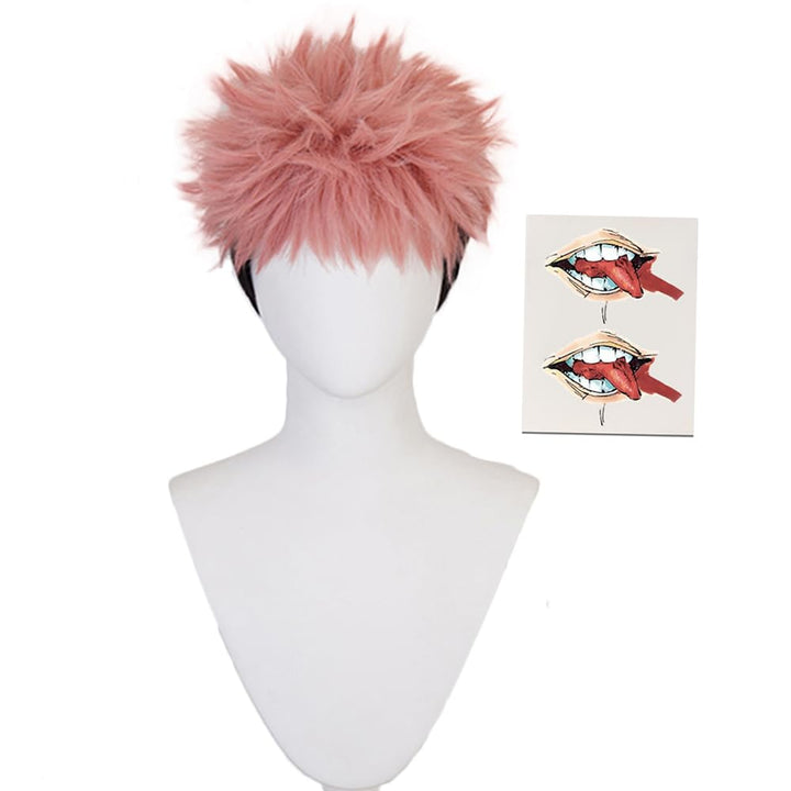 Shancon Anime Yuji Itadori Cosplay Wig and Tattoo Sticker Pink Mixed Black Short Curly Party Hair Halloween Props Accessory for adult