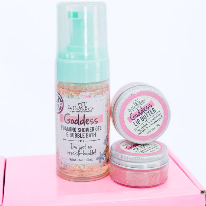 Bella & Bear Goddess Mini Bath & Body Gift Set with 2 in1 Foaming Shower Gel & Bubble Bath, Lip Scrub, Lip Butter - Gift - Teens - Tweens - Women