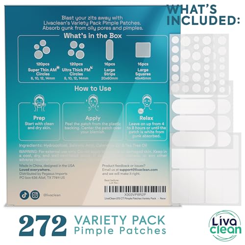 LivaClean 272 CT Pimple Patches Variety Pack w/Tea Tree Oil, Salicylic Acid & Calendula Oil - Pimple Patches Large, Large Acne Dressing for Face Acne Patch XL, Hydrocolloid Patch