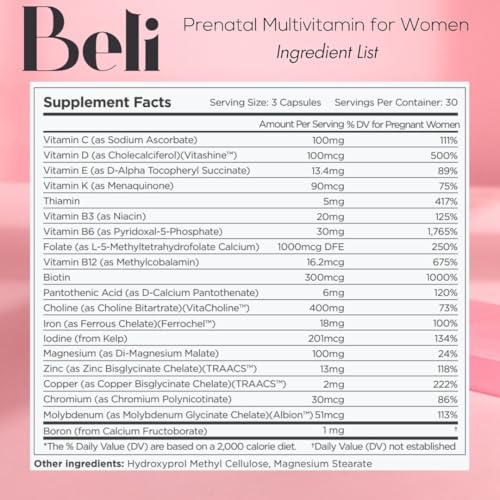 Beli Women Prenatal Multivitamin, for All Stages of Pregnancy, 400mg Choline, Folate, Vitamin D. Supports Egg Quality and Fertility, Gluten & Allergen Free, 90 Vegan Capsules (30-Day Supply)