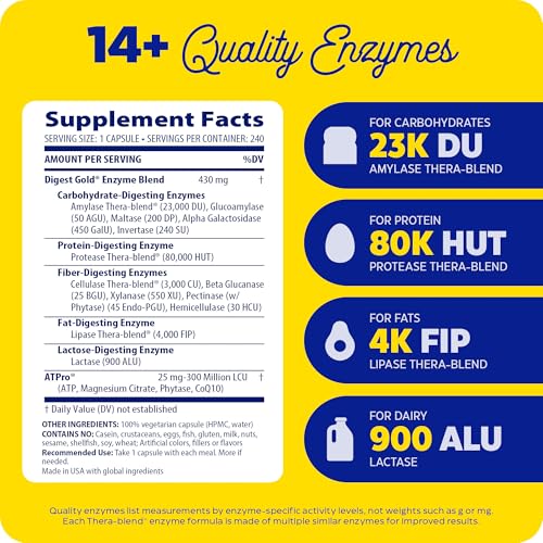 Enzymedica Digest Gold + ATPro, Maximum Strength Enzyme Formula, Prevents Bloating and Gas, 14 Key Enzymes Including Amylase, Protease, Lipase and Lactase, 240 Capsules