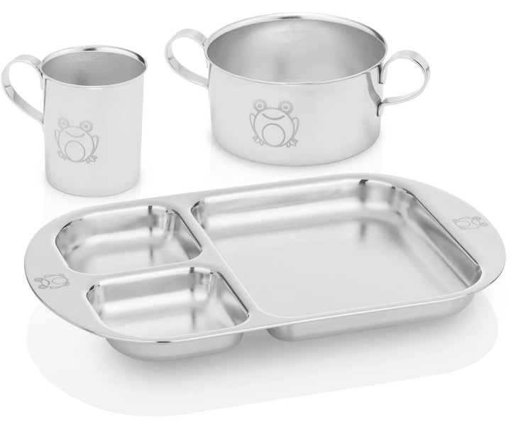 Children's Premium Stainless Steel Dinnerware Set | 1 Bowl with Handles, 1 Cup with Handle & 1 Divided Plate | Adorable Frog Design | Perfect for Babies, Toddlers & Kids | by Kiddobloom