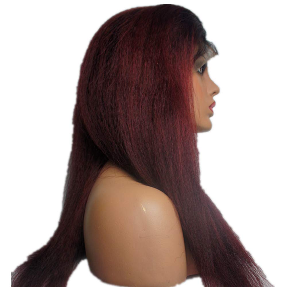 Human Hair Ombre Lace Front Wigs, N.L.W. Brazilian Hair Kinky Straight Wigs for Black Women, T1b/99j Ombre Color Italian Yaki Wigs with Baby Hair 16 Inches