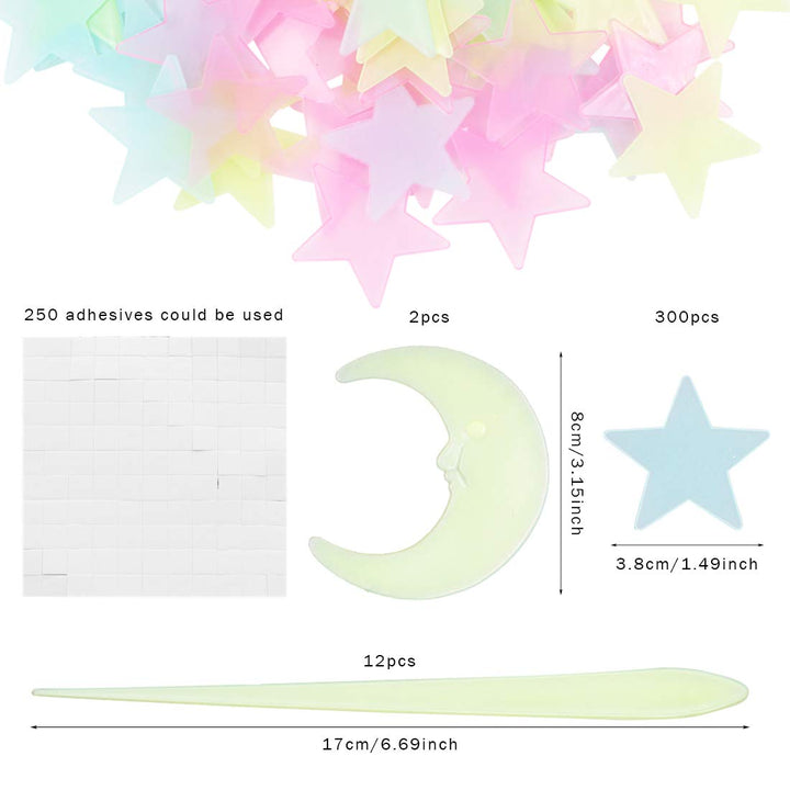 3D Glow in The Dark Star and Moon Wall Stickers,300 Pcs Glowing Stars 2 Pcs Moon and 12 Pcs Glow Meteors Luminous Stickers Fluorescent Ceiling Decals for Kids Boys Girls Bedroom Decoration