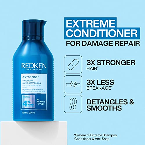 Redken Extreme Shampoo, Conditioner & Anti-Snap Leave-In Treatment Set For Damaged Hair - Repairs and Reduces Breakage, Infused With Proteins