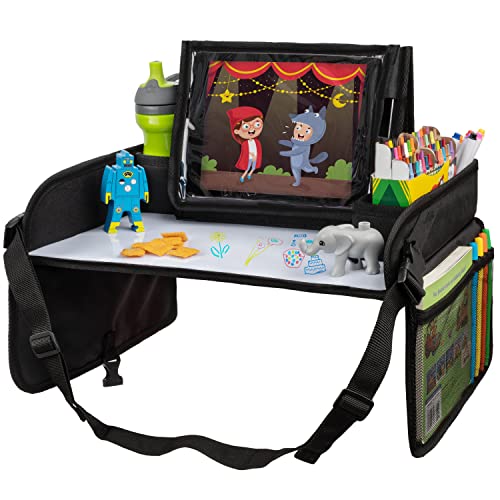 Lusso Gear Kids Travel Tray for Car - Road Trip Essentials for Kids - Car Seat Tray for Kids Travel - Toddler Travel Lap Desk and Organizer - Holds Snacks, Water Bottle, Toys (Black)