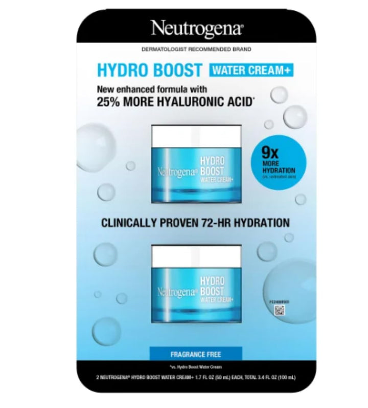 Neutrogena Hydro Boost Water Cream Moisturizer, Enhanced Formula with 25% More Hyaluronic Acid, Fragrance-Free, Clinically Proven 72-Hour Hydration for Dry & Sensitive Skin, 2-Pack (1.7 oz Each)