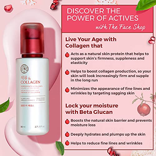 The Face Shop Pomegranate & Collagen Volume Lifting Serum - Helps Skin Look Firm & Supple - Reduces Fine Lines & Wrinkles - Improves Elasticity - Hydrating Lightweight Face Serum - Korean Skin Care