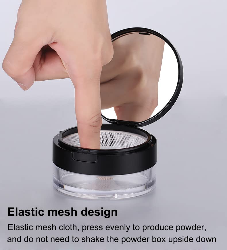 AKOAK 2 Pcs Capacity 20 ml(0.67 oz) Empty Reusable Plastic Loose Powder Compact Container DIY Makeup Powder Case with Sponge Powder Puff,Mirror and Elasticated Net Sifter (Large mesh face)