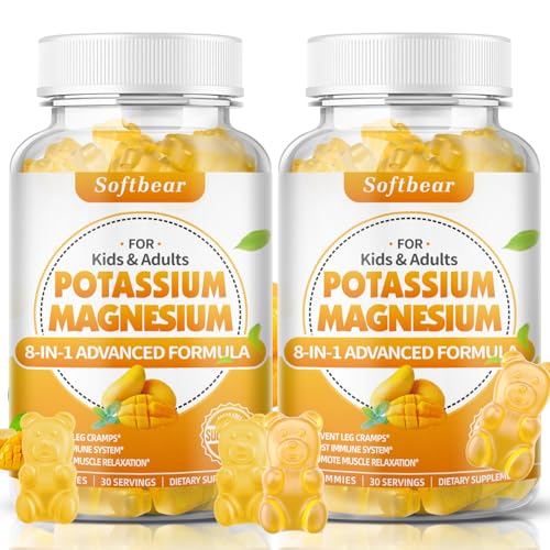 softbear Potassium Magnesium Gummies for Women, Calcium Magnesium Potassium Supplements with Vitamins Sugar-Free Potassium Citrate Gummies Support Muscle Health, Mango Flavor 120 Count