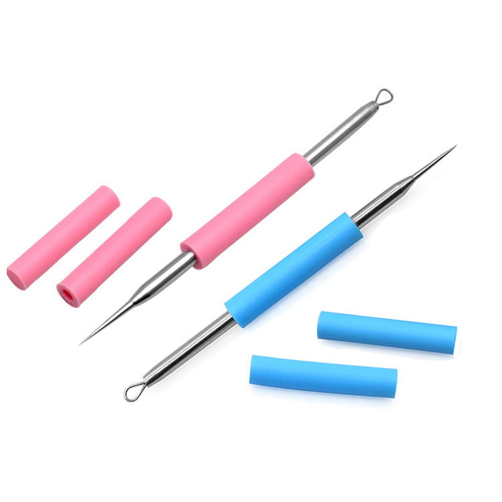 2pcs Stainless Steel Acne Removal Needle with Pink and Blue Silicon Tube Loop Blackhead Extractor Comedone Extractor Blackhead and Whitehead Remover Tools 2 in 1