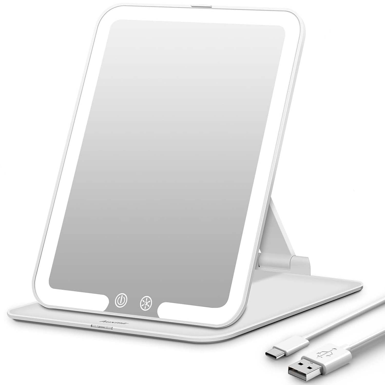 Auxmir Travel Makeup Mirror with Light, Portable Folding Lighted Travel Makeup Mirrot with 72 LEDs, Rechargeable Compact Vanity Mirror with 3 Dimmable Color Lights, Adjustable Height and Angle, White