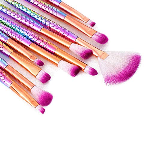 Makeup Brush Set 10 Pcs Fish Tail Eye Makeup Brushes, Eyeshadow Concealer Eyeliner Brow Blending Brush Tool(Multicolor Mermaid Handle)