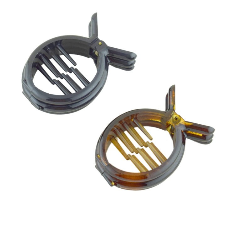 Parcelona French Round Inner Teeth Brown Shell and Black 3/4 Cellulose Made in France Strong Grip Set of 2 Pony Ties Piranha Fish Hair Clips for Women and Girls