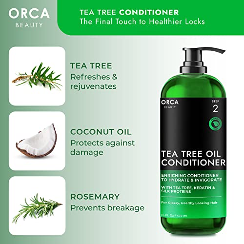 Orca Beauty Tea Tree Conditioner, 16oz - Hydrating and Invigorating Natural Conditioner for Men & Women with Oily Hair and Dry Scalp, Enriched with Vitamin E, Coconut Oil, Silk Proteins, and Rosemary