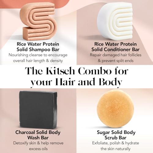 Kitsch 4pc Set - Rice Water Shampoo & Conditioner Bar, Charcoal Body Soap & Sugar Scrub Bar, Solid Bars with Castor Oil & Coconut Oil, Vegan, Paraben-Free, Hair & Body Care