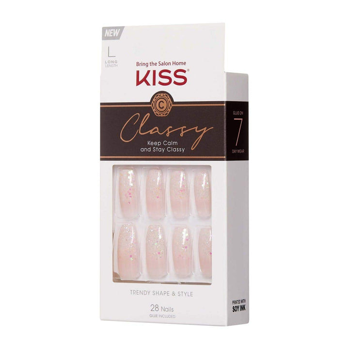 KISS Classy French Nail Manicure Kit with Gel Finish, Long, Coffin Shaped, “Scrunchie”, Gel Nail Kit Includes Pink Nail Glue (Net Wt. 2 g / 0.07oz.), Mini File, Manicure Stick, and 28 Fake Nails