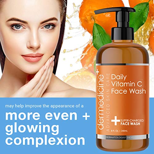 Dermedicine Daily Vitamin C Face Wash Super-Charged w/Marine & Plant Extracts & Retinol Cleaner | Works to Help as Cleanser, Brighten & Balance Complexion 8 Fl. Oz. | 240mL