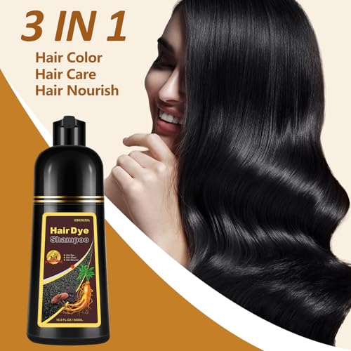 Instant Black Hair Dye Shampoo, Natural 3-in-1 for Gray Coverage in 10-15 mins, Long-Lasting Color Effect for Women and Men, 16.9 Fl Oz (Black)