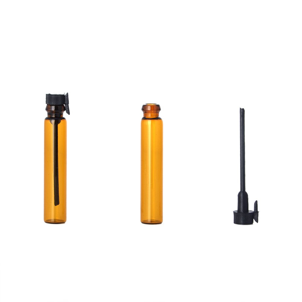 Enslz 100Pieces Amber Glass Mini Small Empty Perfume Sample Bottles Travel Refillable Aromatherapy Essential Oils Liquid Fragrance Sample Vials With Black Caps (1ml)