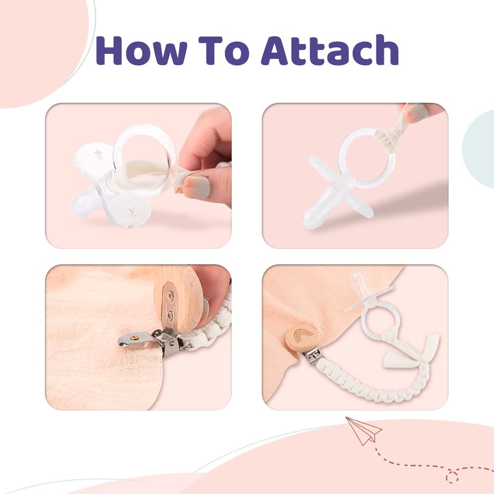 Symbolife Pacifier Clip for Boys Girls Pacifier Holder Leash Boho Rainbow Wooden Clips Handmade Braided Cotton Unisex Baby Shower Birthday Gift Christmas Gift (White Light Pink Brown)