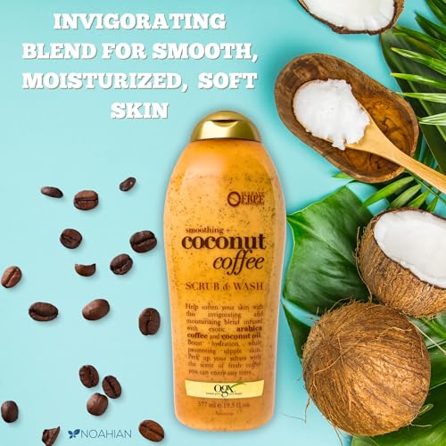 OGX Smoothing Coconut Coffee Exfoliating Body Scrub, Coconut Body Wash with Coconut Oil, 19.5 Fl Oz, Pack of 2, Arabica Coffee Body Wash Bundle with NOAHIAN Premium Body Exfoliating Mitt (3 items)