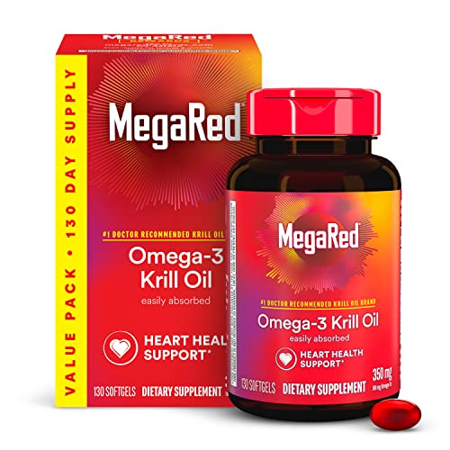 MegaRed Krill Oil 350mg Omega 3 Supplement, #1 Dr Recommended Krill Oil Brand with EPA, DHA, Astaxanthin & Phopholipids, Supports Heart, Brain, Joint and Eye Health - 130 Softgels (130 Servings)