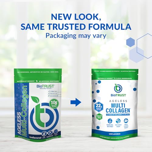 BioTrust Ageless Multi Collagen Peptides Powder – 5 Types (I, II, III, V, X) – Unflavored Collagen Powder for Women & Men – Hydrolyzed Protein – Grass Fed Beef, Fish, Chicken, Eggshell Membrane, 3-pk