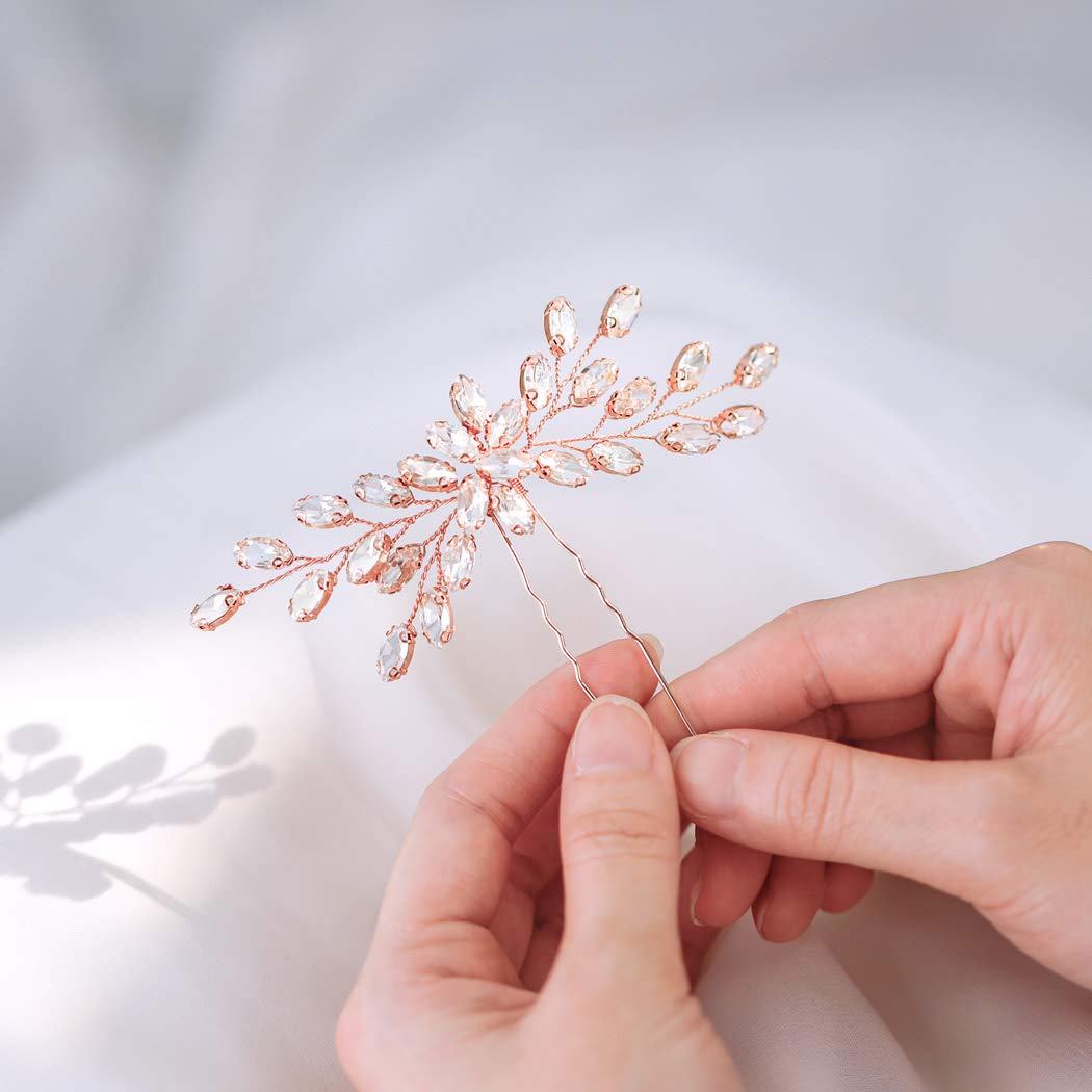 Unicra Bride Wedding Crystal Hair Pins Bridal Hair Pieces Wedding Hair Accessories for Women and Girls (Rose Gold)