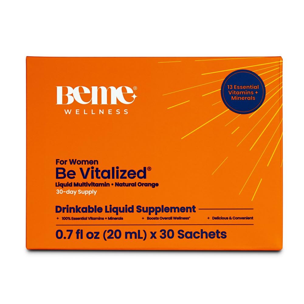 BeMe Be Vitalized Liquid Multivitamin - Daily Liquid Vitamins & Minerals, A, B-Complex, C, D, E, K, Calcium, Zinc, Magnesium, Women's Health & Wellness Supplement Drink (30 Sachets, Orange - Women)