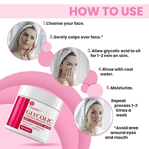 20% Glycolic Acid Pads (50 Pads) - Exfoliating Pads for Face Chemical Peel for Face at Home - Glycolic Acid Peel Exfoliating Face Pads - Acne Pads Facial Peel Face Exfoliating Pads with Vitamin C