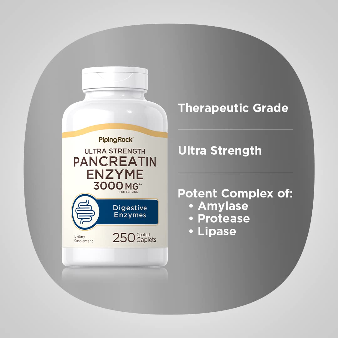 Piping Rock Pancreatin Digestive Enzymes | 3000mg | 250 Caplets | Ultra Strength | Non-GMO, Gluten Free Supplement